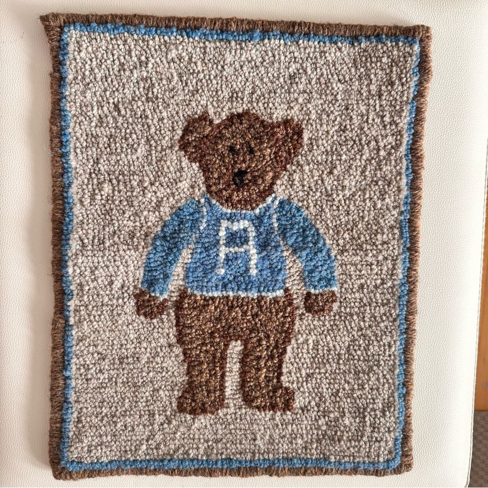 Vintage Handmade Hooked Rug Wall Hanging – “A” Sweater Bear (Polo Bear Style)